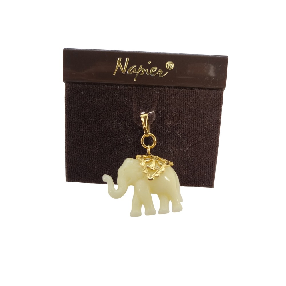 Napier Elephant Pendant Cream Like New Gold Tone Trunk Up Good Luck